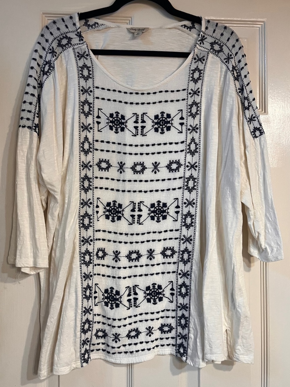 Lucky Brand White Tunic with Blue Embroidered Panels